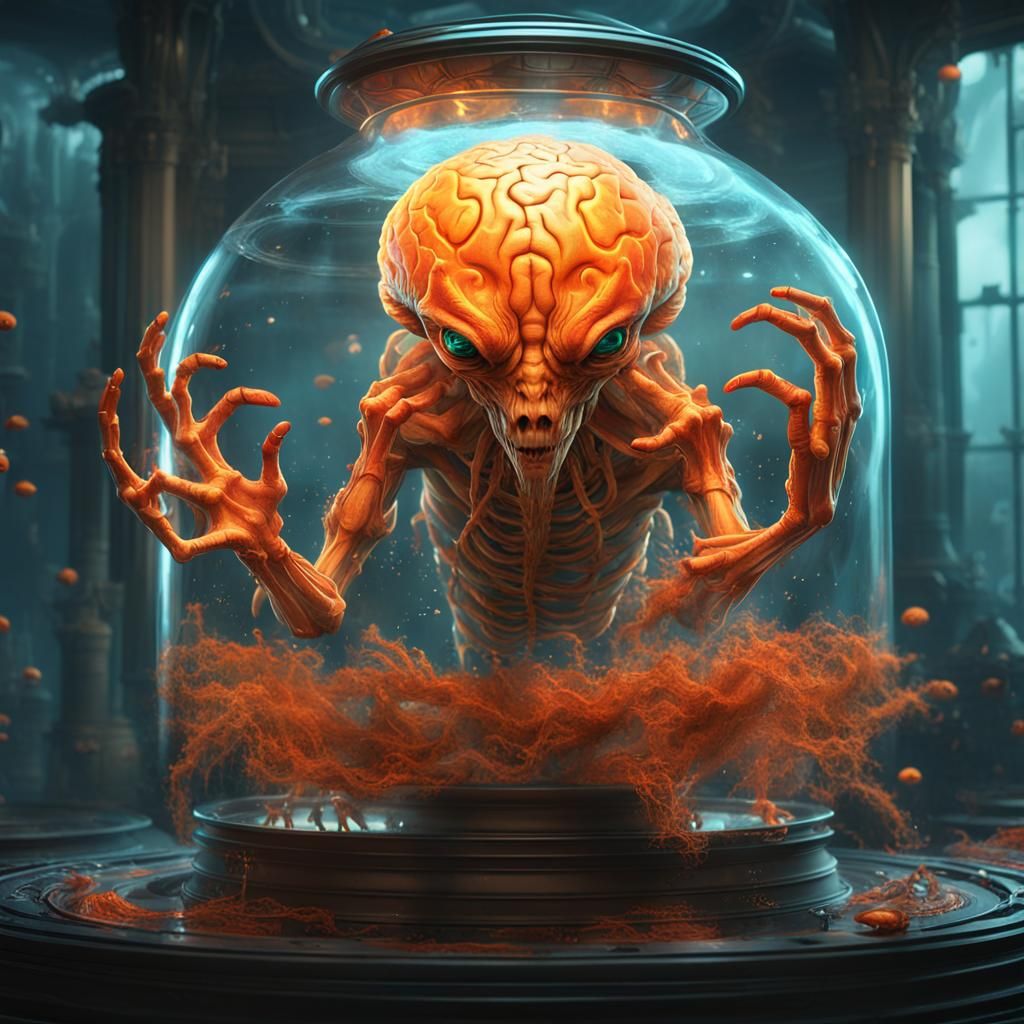 Alien Navigator in Glass Tank: Detailed Matte Painting