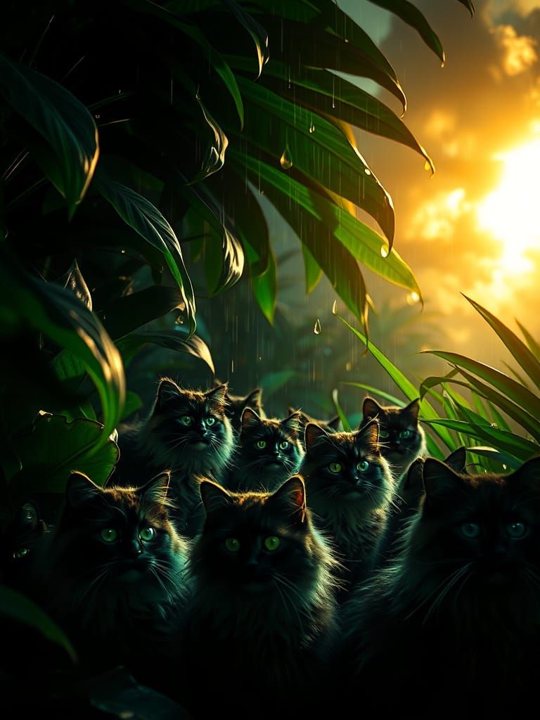 Bioluminescent Cats in Neon Rain: Hyperdynamic Image