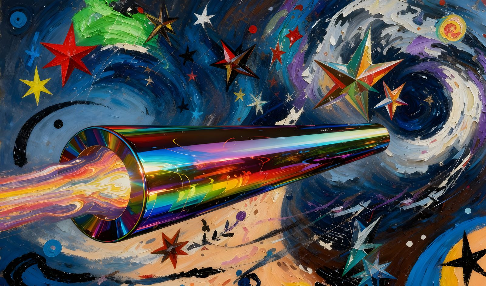Rainbow Cylinder with Iridescent Vortex and Stars