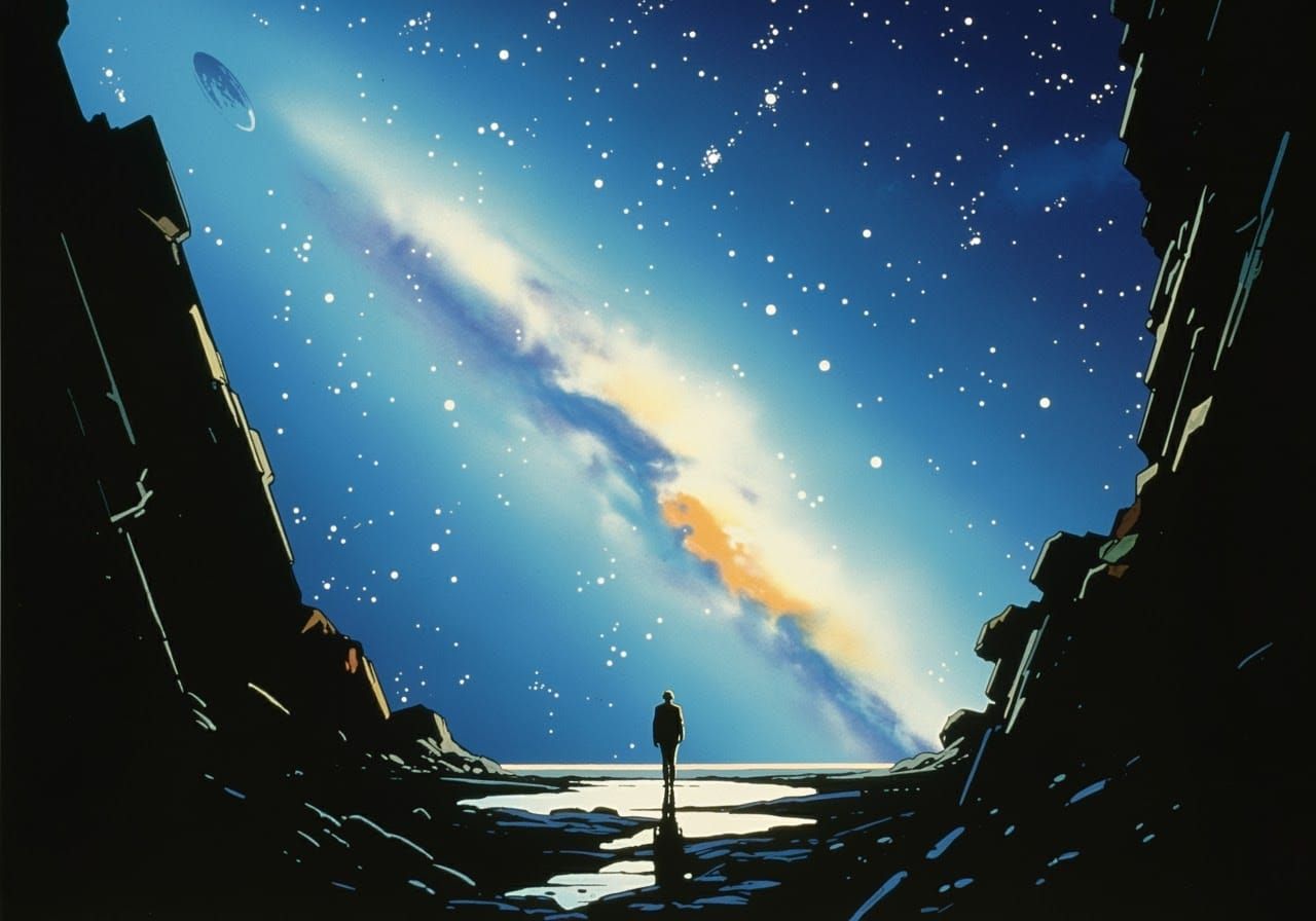 Solitary Figure at Universe Edge in Retrofuturist Style