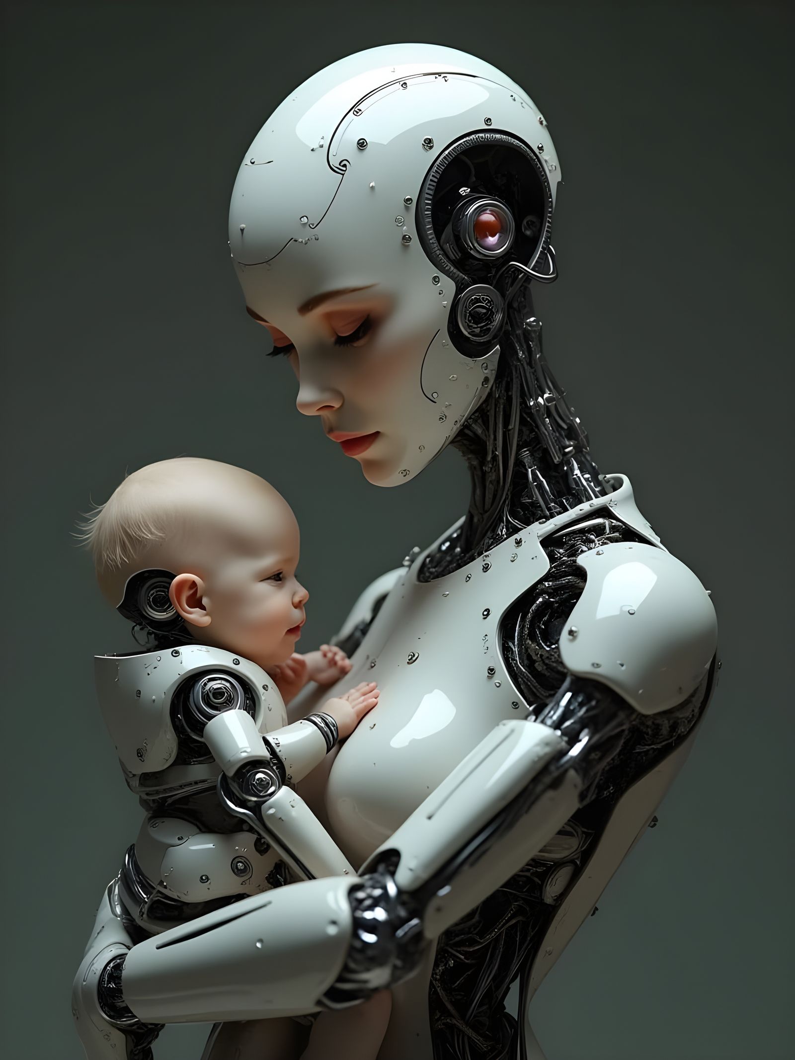 Cyborg Nanny Cradles Robot Baby in Her Arms, Gazing Directly...