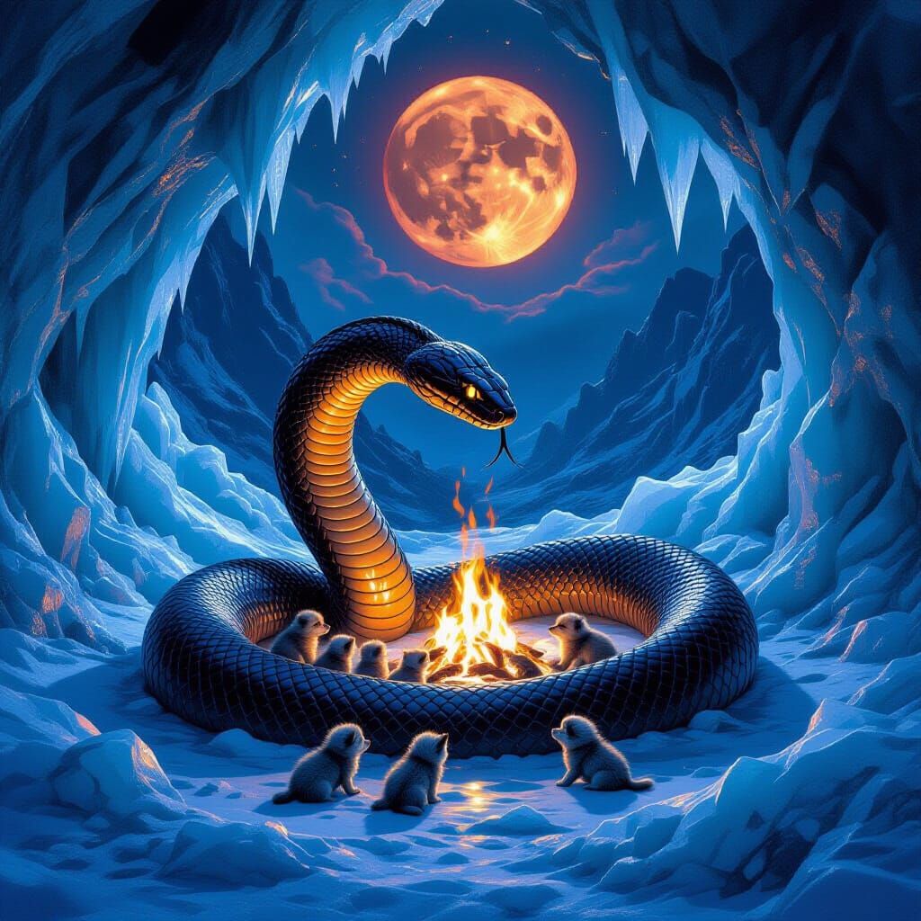 King Cobra Guards Wolf Pups in Icy Cave