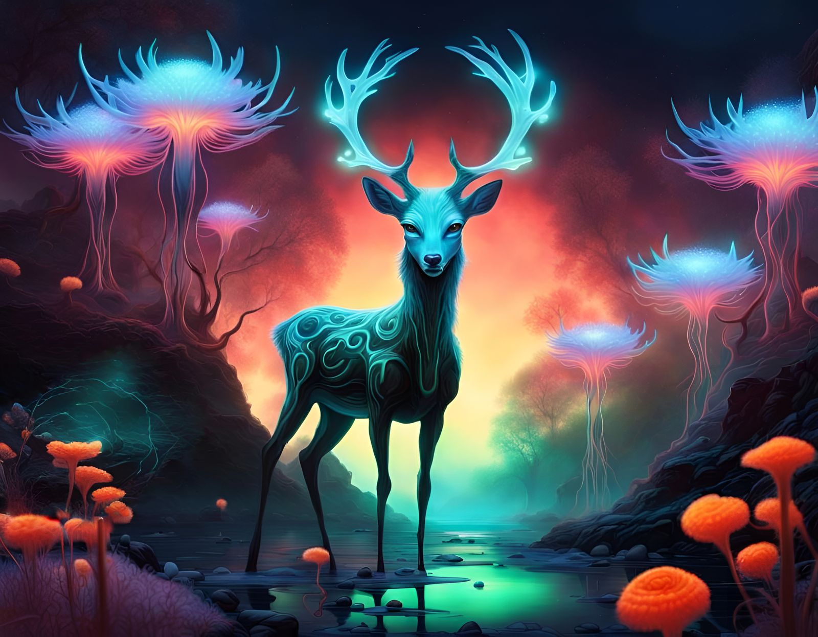 Bioluminescent Alien Deer in Ethereal Fantasy Landscape