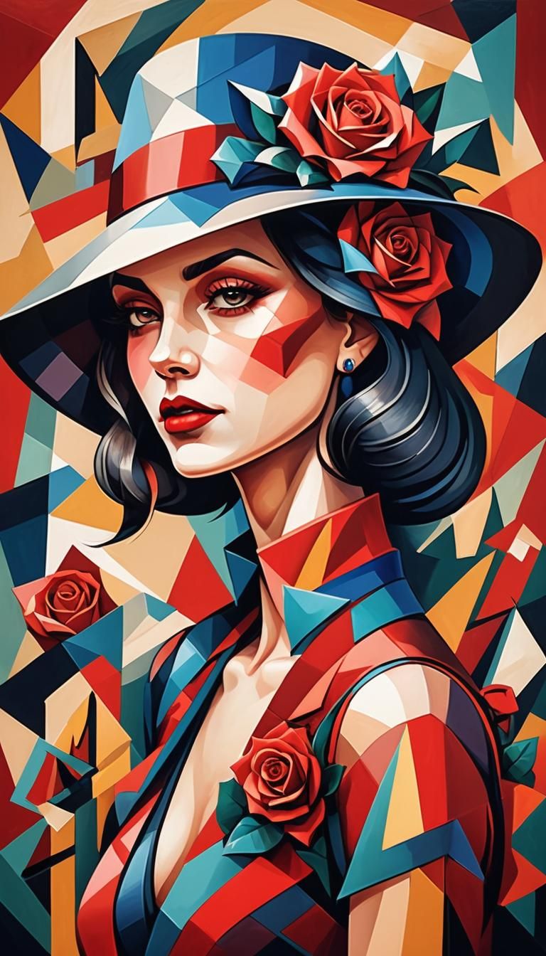 Cubist Woman in Hat with Rose