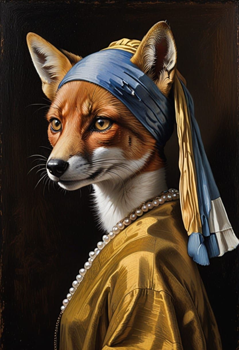 Anthropomorphic Fox in Vermeer-Inspired Portrait