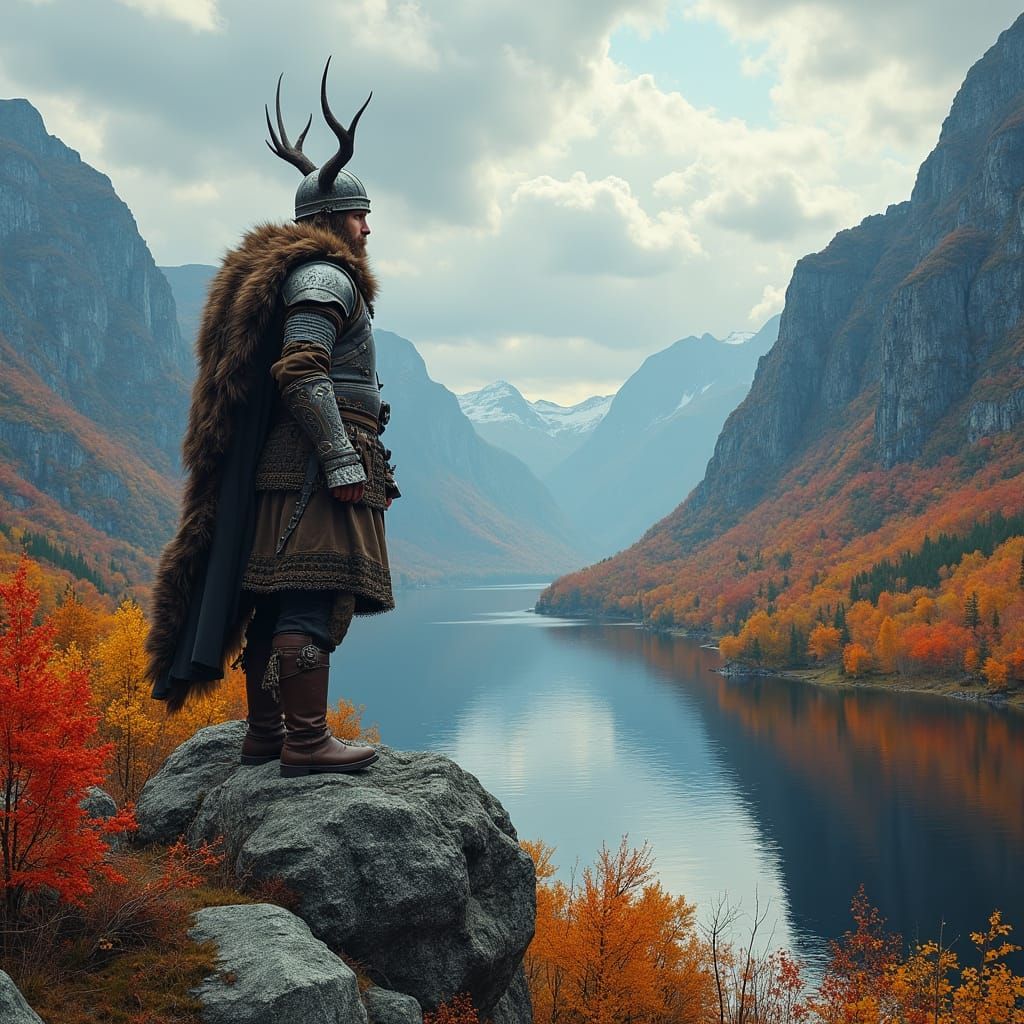 Viking Warrior in Autumn Fjord Landscape, Fantasy Concept Ar...