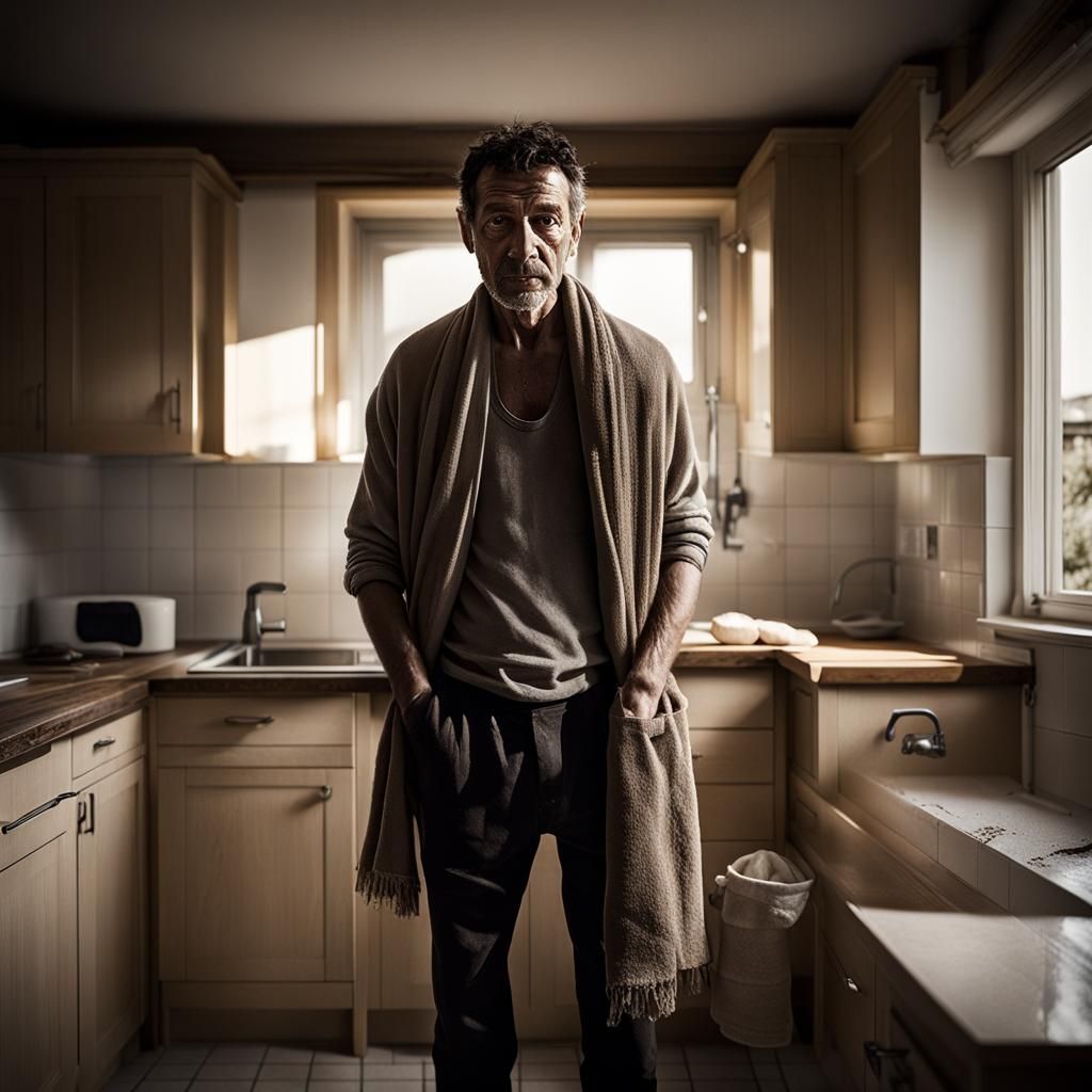 Portrait of Man with Towel in Kitchen, Ambient Light