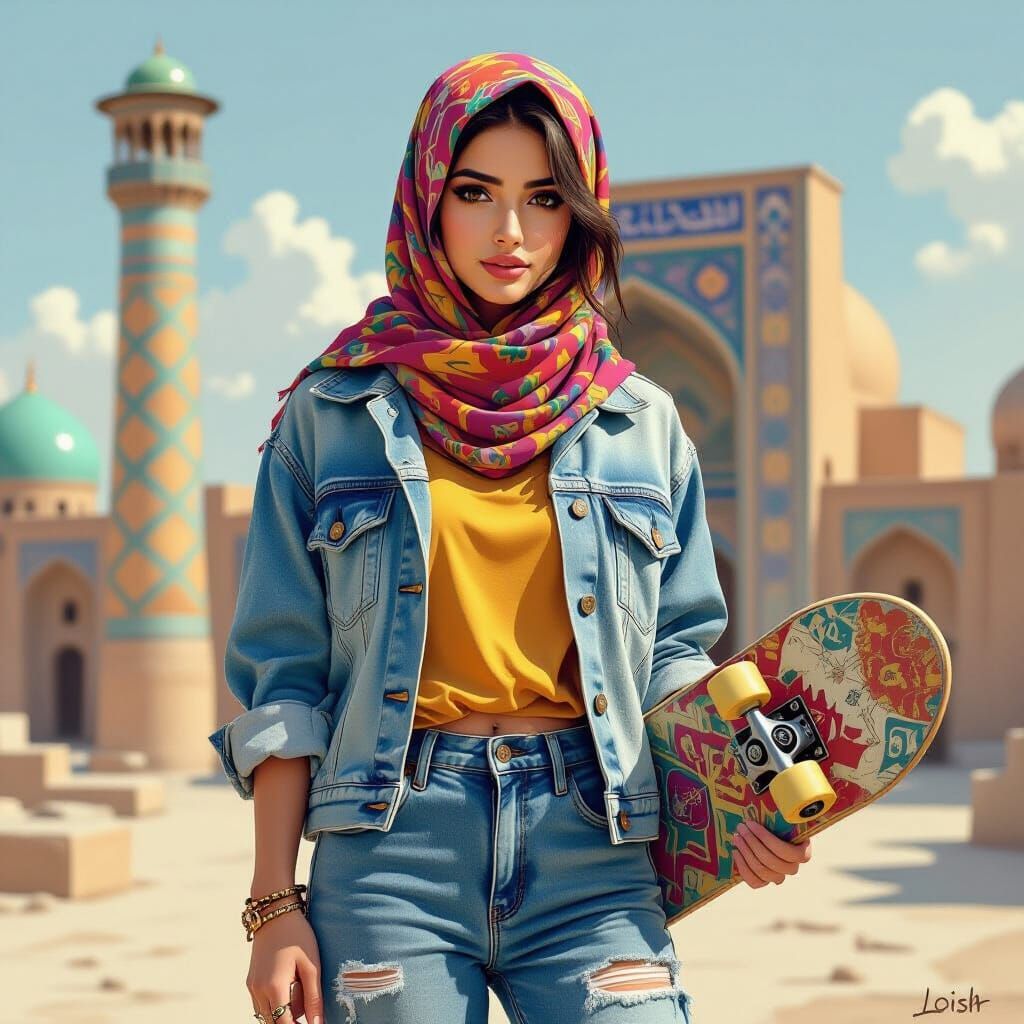 Persian Woman with Skateboard in Urban Setting