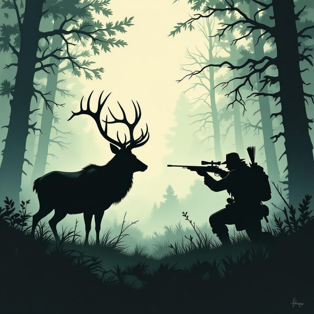 Stag Confronts Hunter in Misty Forest Dark Fantasy Art
