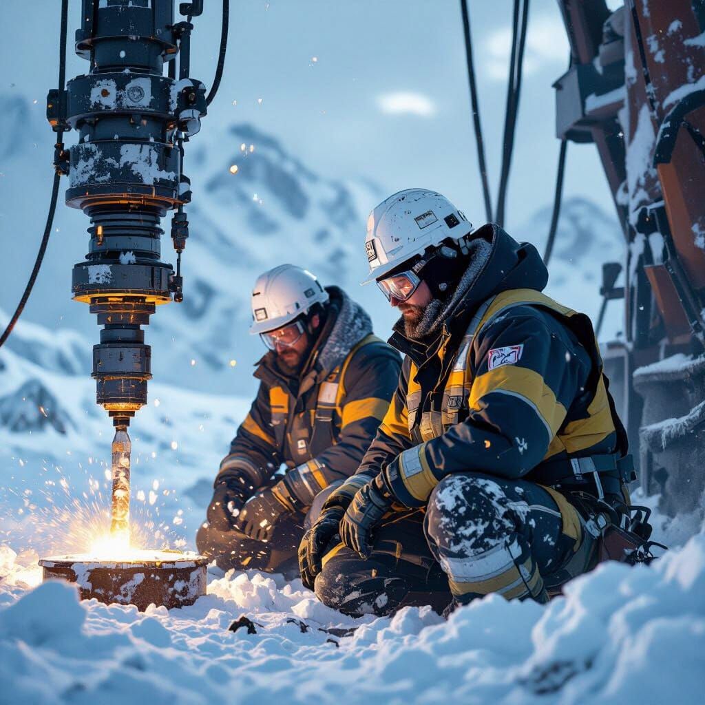 Workers on Winter Drilling Rig in Dramatic Light