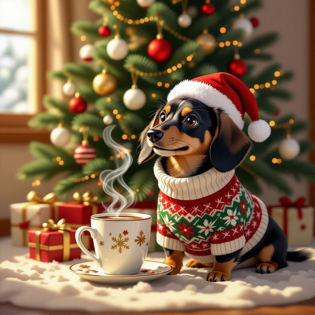 Festive Dachshund Enjoys Hot Cocoa by Christmas Tree
