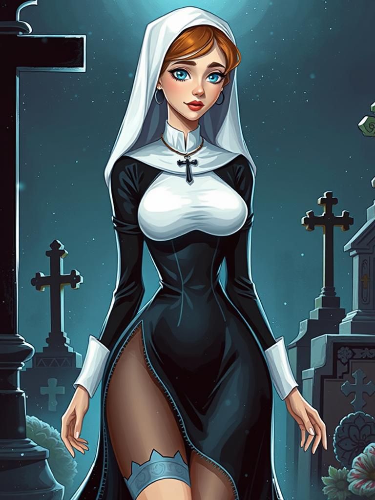 Nun Portrait in Cemetery, Art Nouveau Digital Art