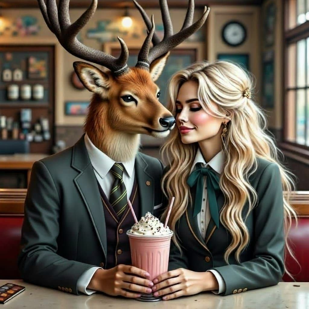 Steampunk Stag Kisses High School Girl in Diner