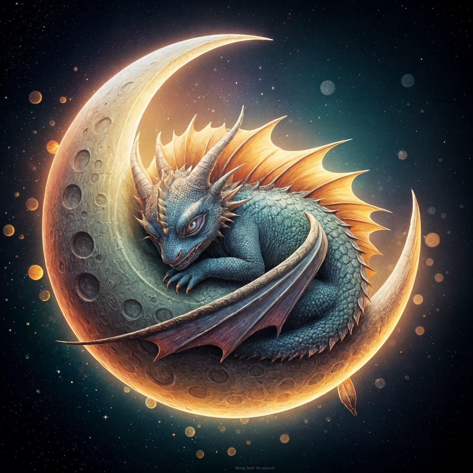 Star Dragon Sleeps on Moon in Magical Fairytale