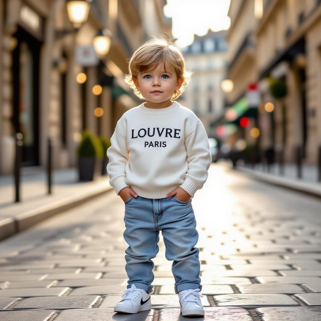 Photorealistic 3-Year-Old Boy in Paris Street