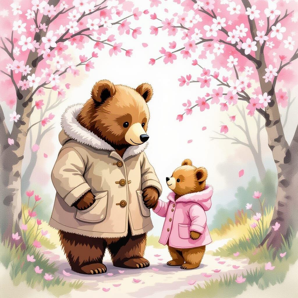 Bears in Cherry Blossoms: Children's Book Illustration