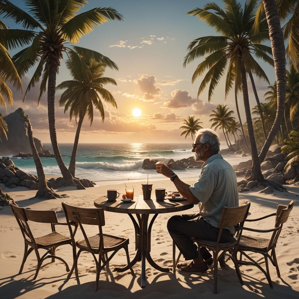Sunset Coffee: Detailed Matte Painting of Beach Scene