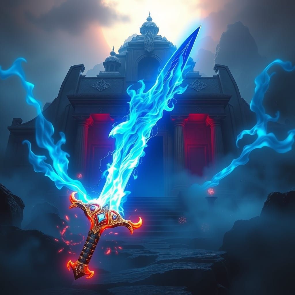 Mystical Sword with Radiant Blue Flames in Cyberpunk Style