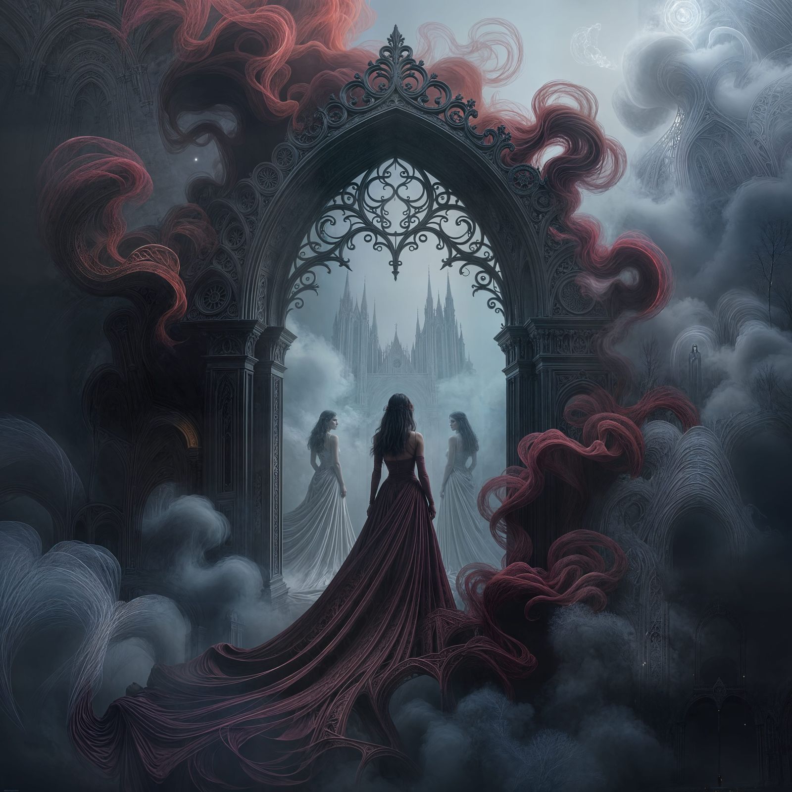 Gothic Archway of Burgundy Smoke in Darkness
