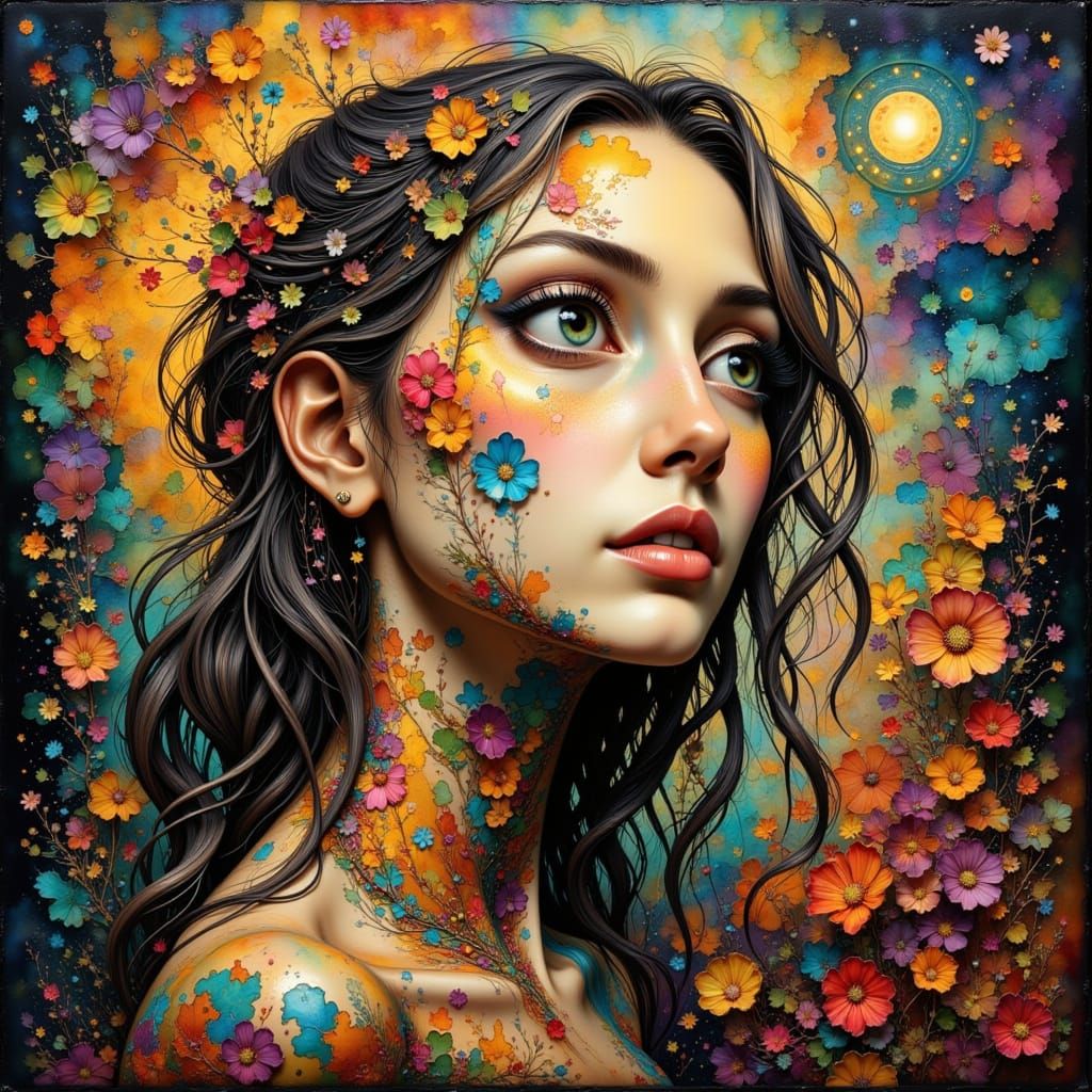 Abstract Explosion of Color in Bohemian Ink Style