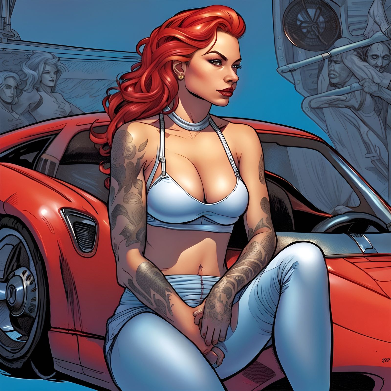 Inked Woman on Blue Porsche, Comic Book Art