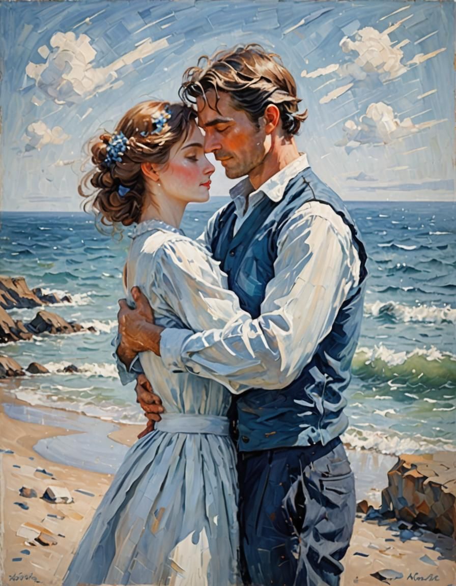 Tender Embrace by the Sea in Impressionist Style