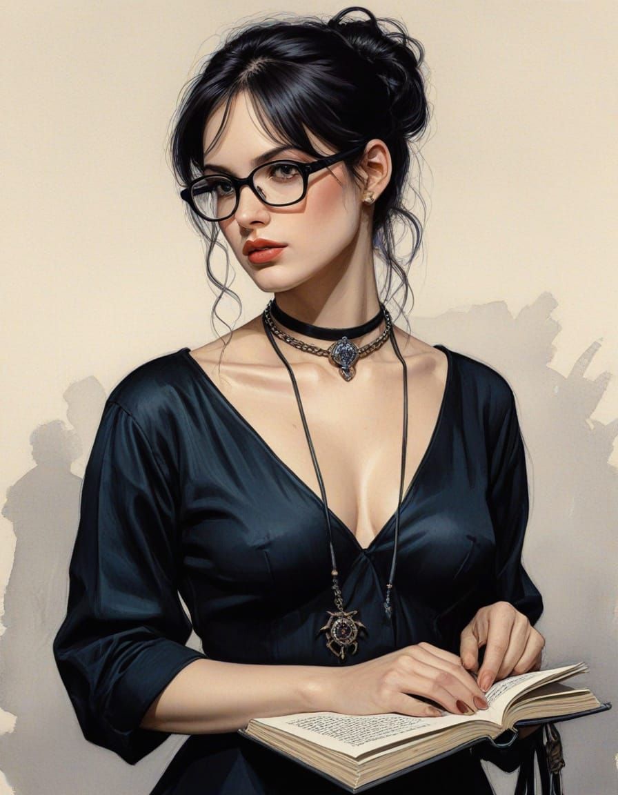 Cute Dark Fantasy Librarian in Chiaroscuro