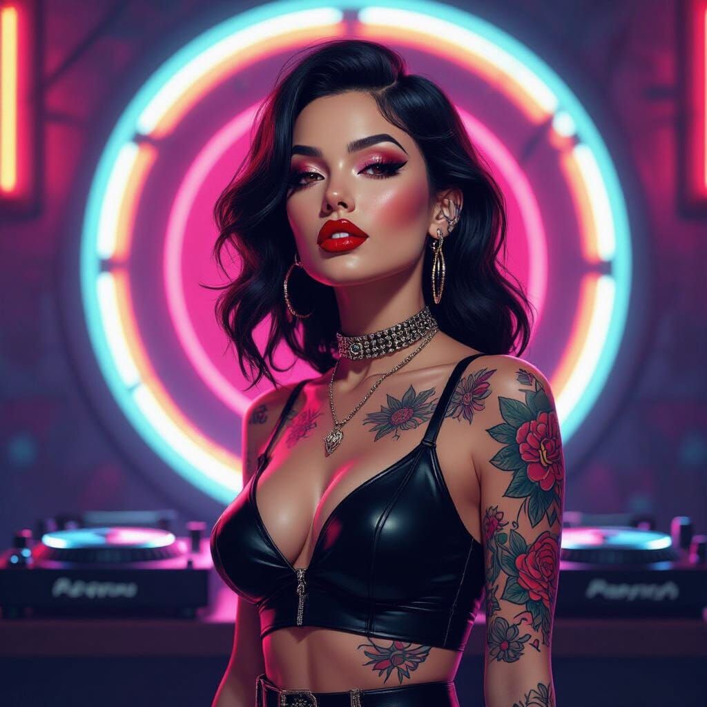 Rocker DJ Pinup Girl with Tattoos and Neon Lights