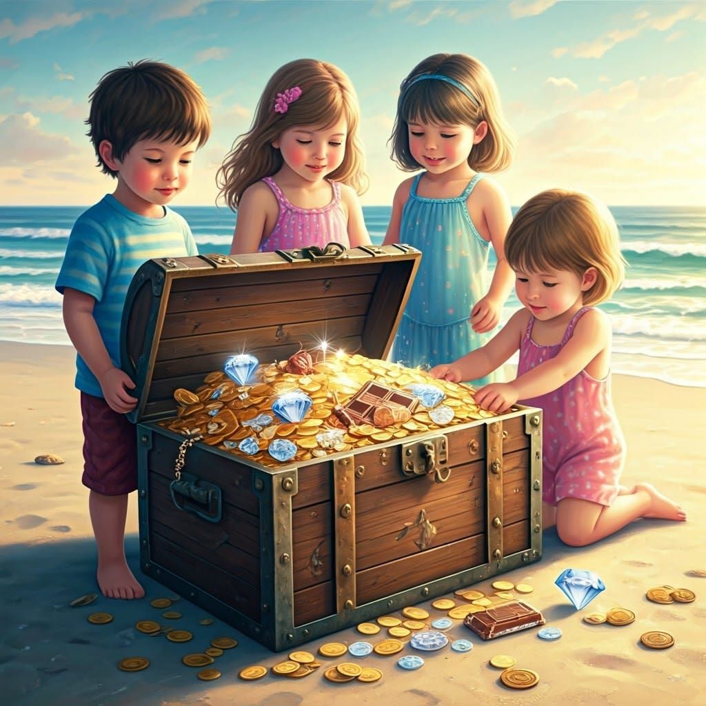 Delighted Children Discover Treasure on a Sun-Kissed Beach i...