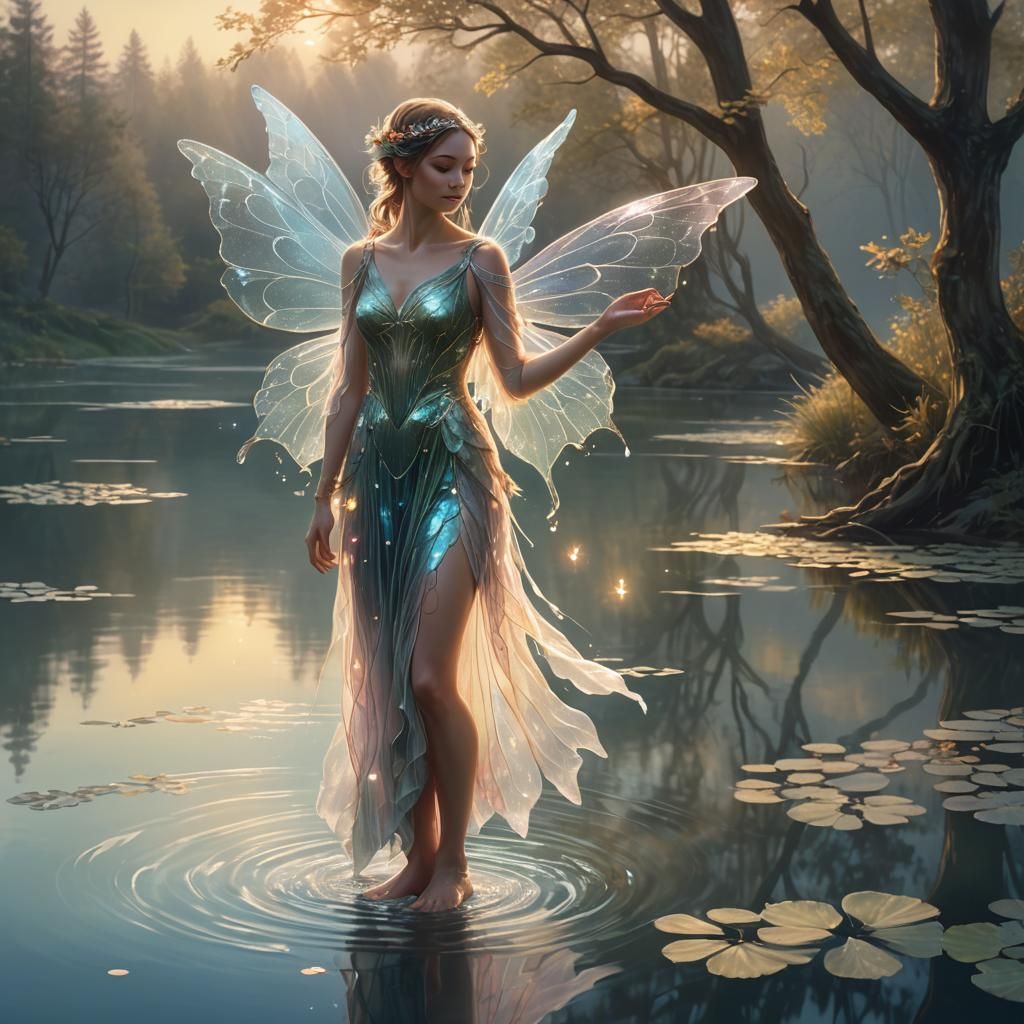 Fairy at Tranquil Lake in Digital Painting Style