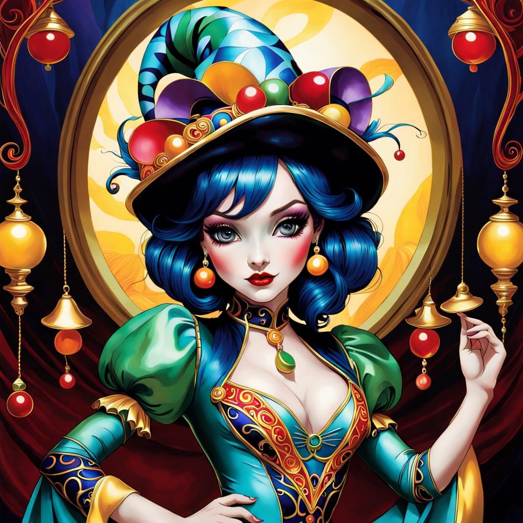 Vibrant Jesteress in Whimsical, Multicolored Attire