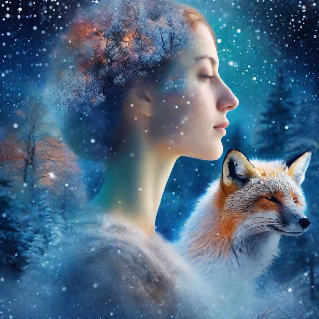 Surreal Winter Portrait with Fox in Starry Skies