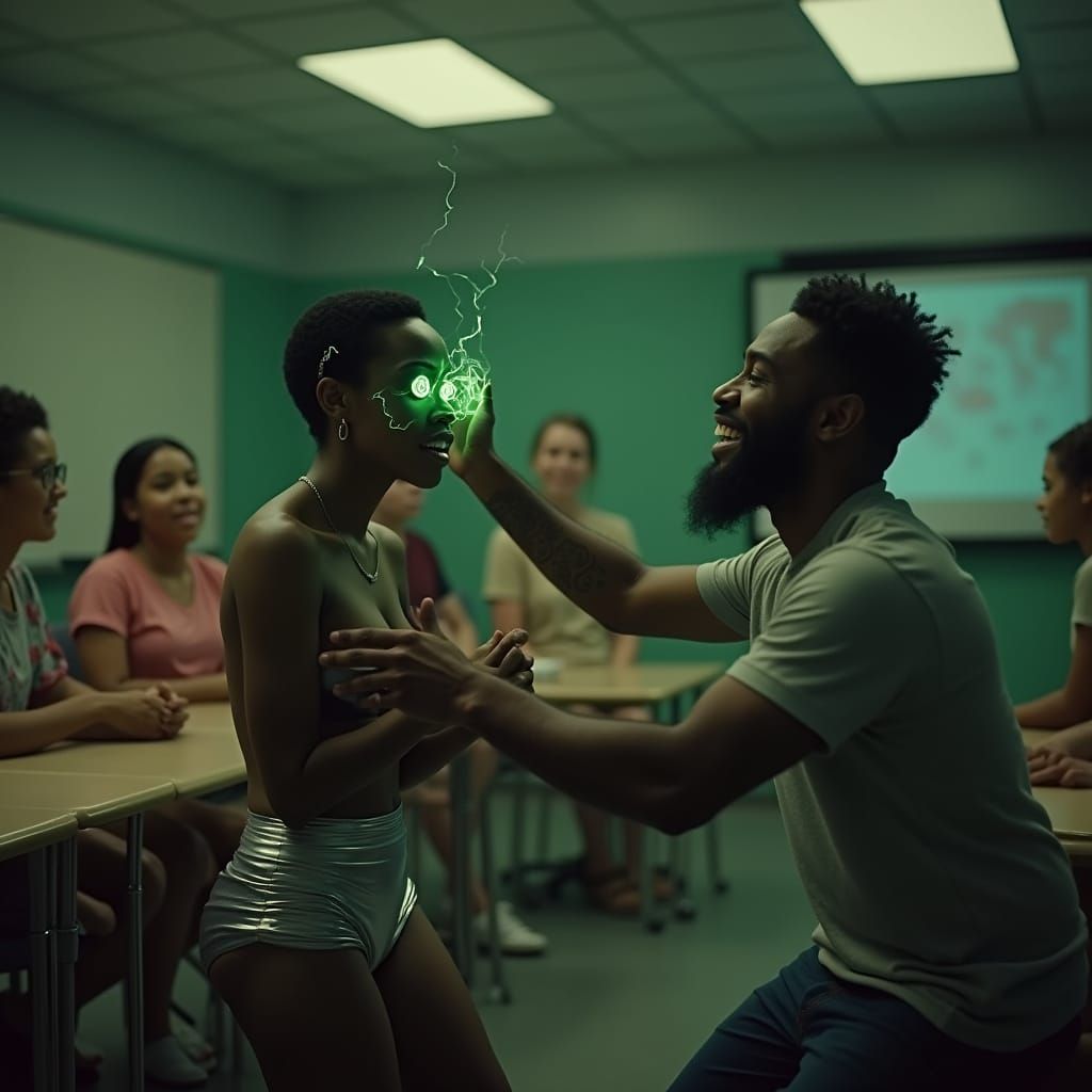 Hypnotized Woman in Classroom: Cinematic Film Still