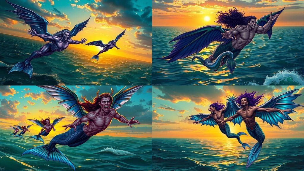 Vampire Mermen Soaring Over Ocean: Comic Book Art