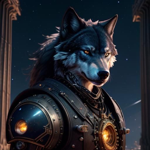 Steampunk Wolf Under Starry Roman Sky