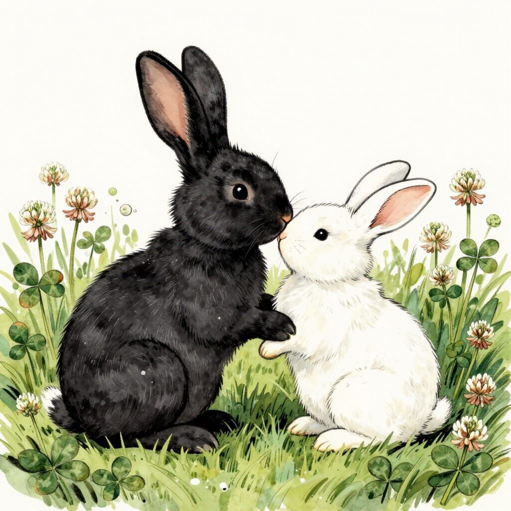 Black and White Bunnies Kissing in Clover Field, Alcohol Ink...