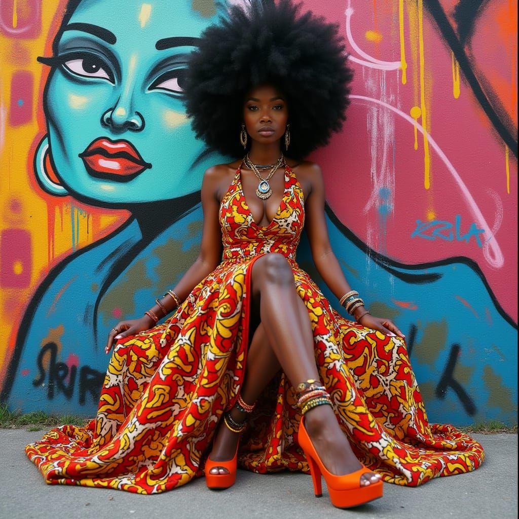 Elegant Afro Portrait in Vibrant Graffiti Style
