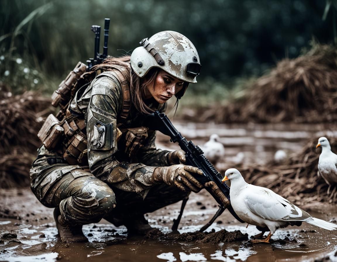 Woman with Dove in War Zone: Cinematic Photography