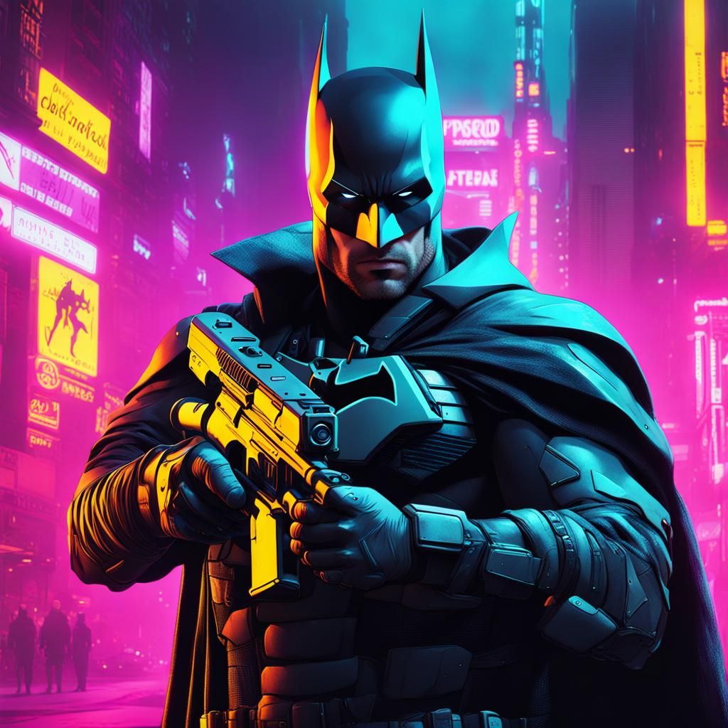 Batman with Sniper in Cyberpunk Cityscape