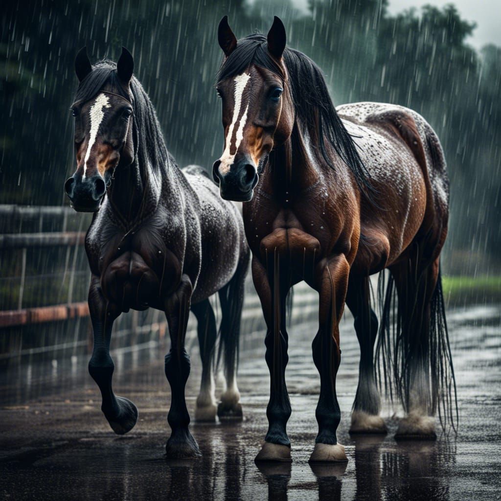Two Horses in the Rain, Hyperrealistic Image