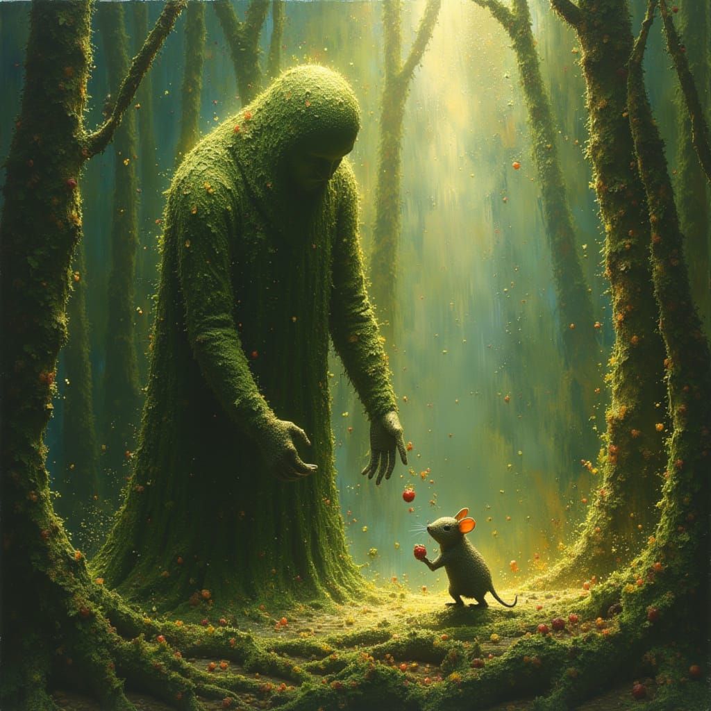 Gentle Giant Befriends Tiny Mouse in Enchanted Forest