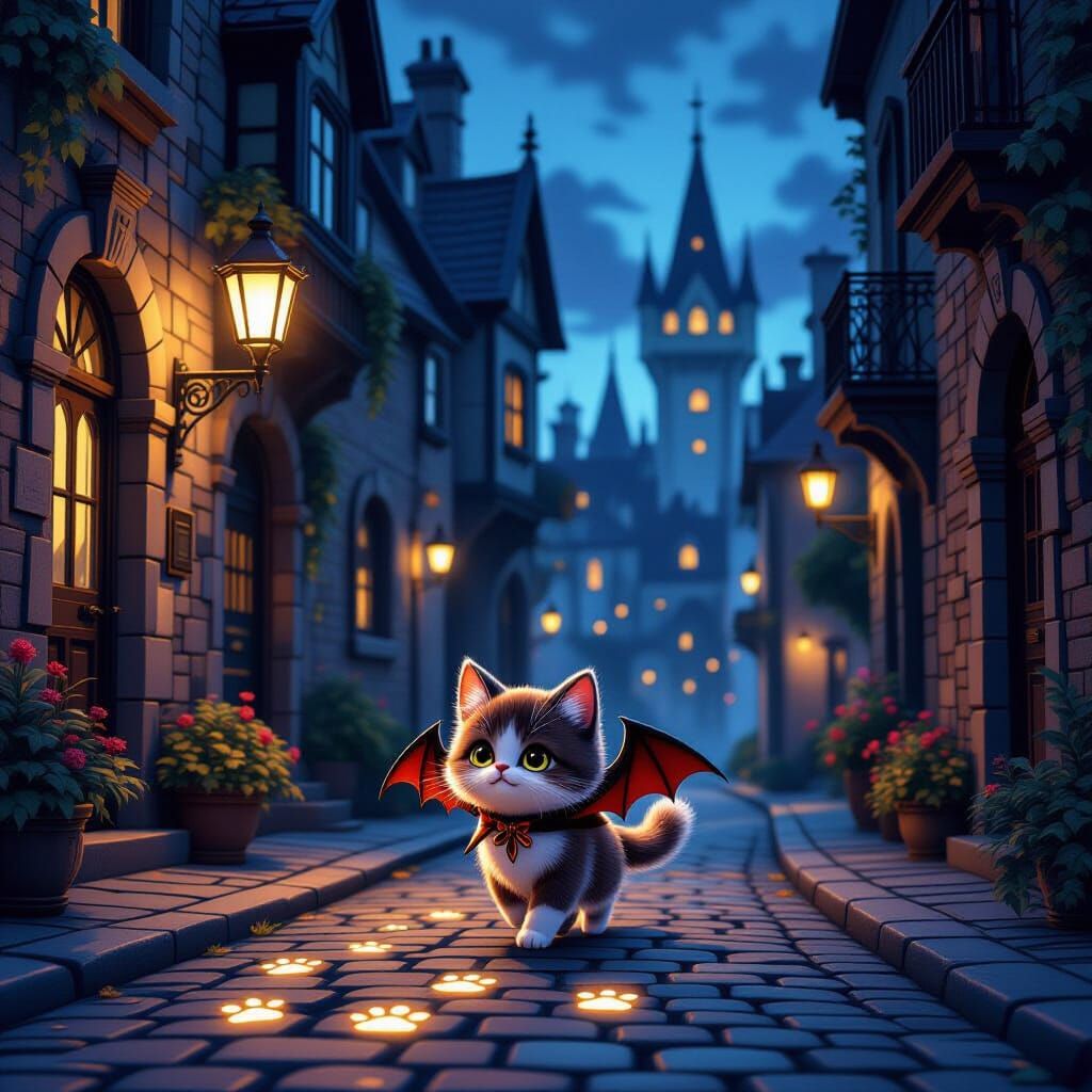 Gothic Cityscape With Whimsical Bat-Cat