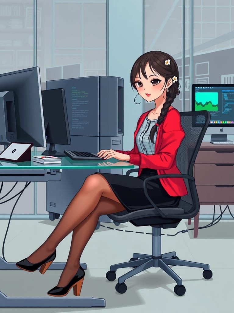 Kawaii Asian Female Programmer in Modern IT Setting