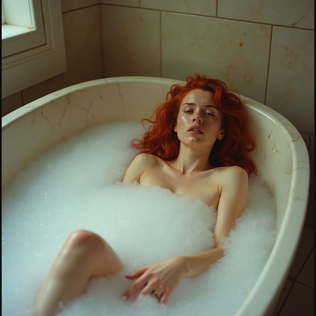 Red-Haired Woman in Marble Tub, Cinematic Style
