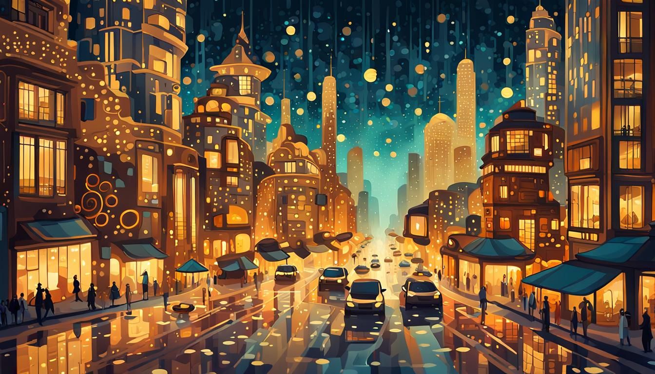 Futuristic Cityscape in Klimt-Inspired Art Nouveau Style