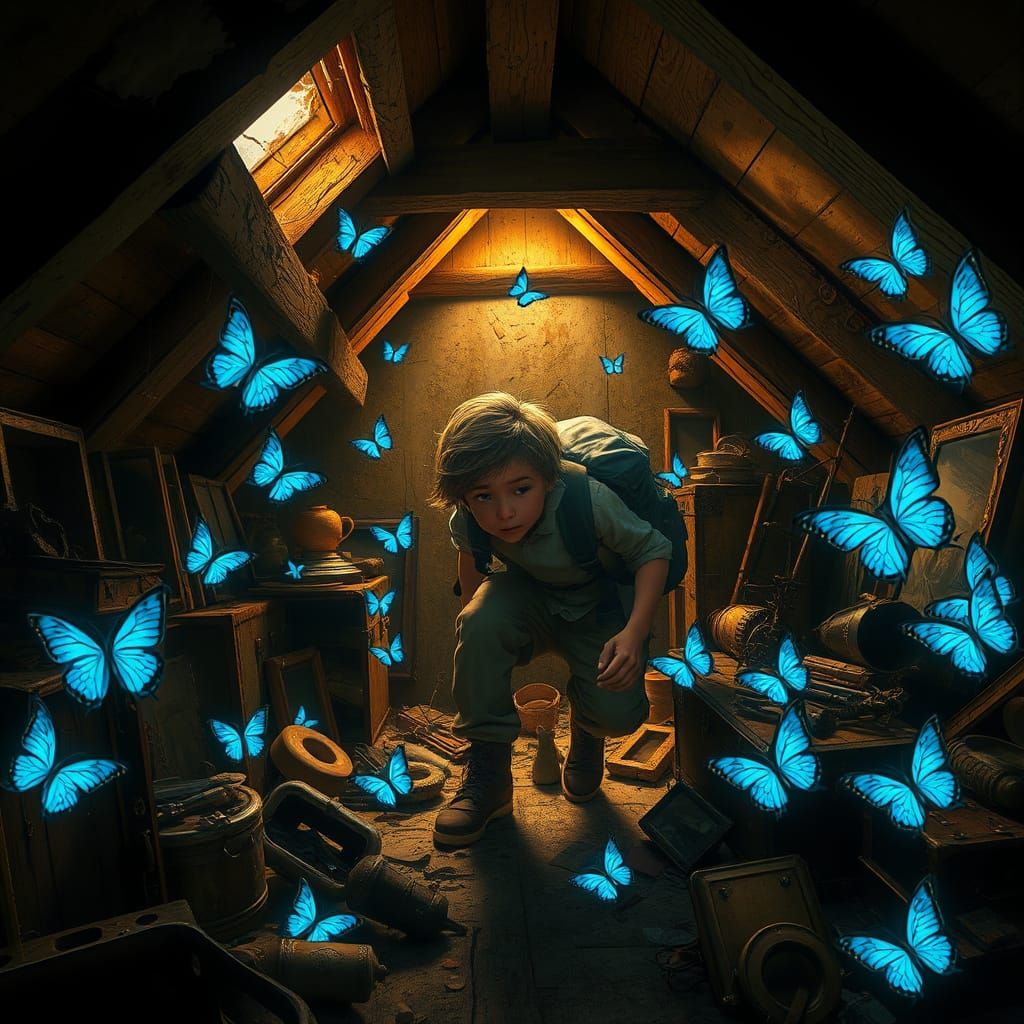 Adventurer Explores Dusty Attic With Bioluminescent Butterfl...