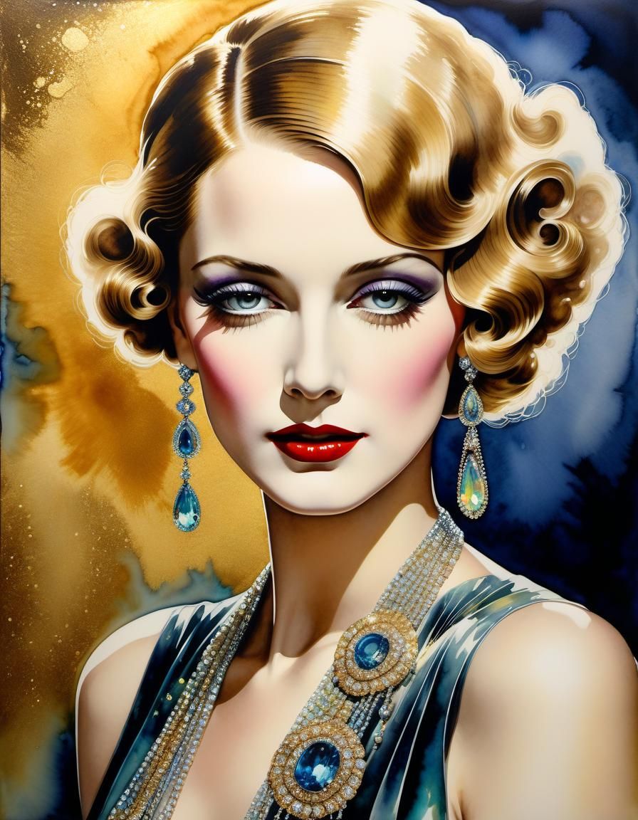 Glamorous 1920s Socialite Portrait in Mixed Media