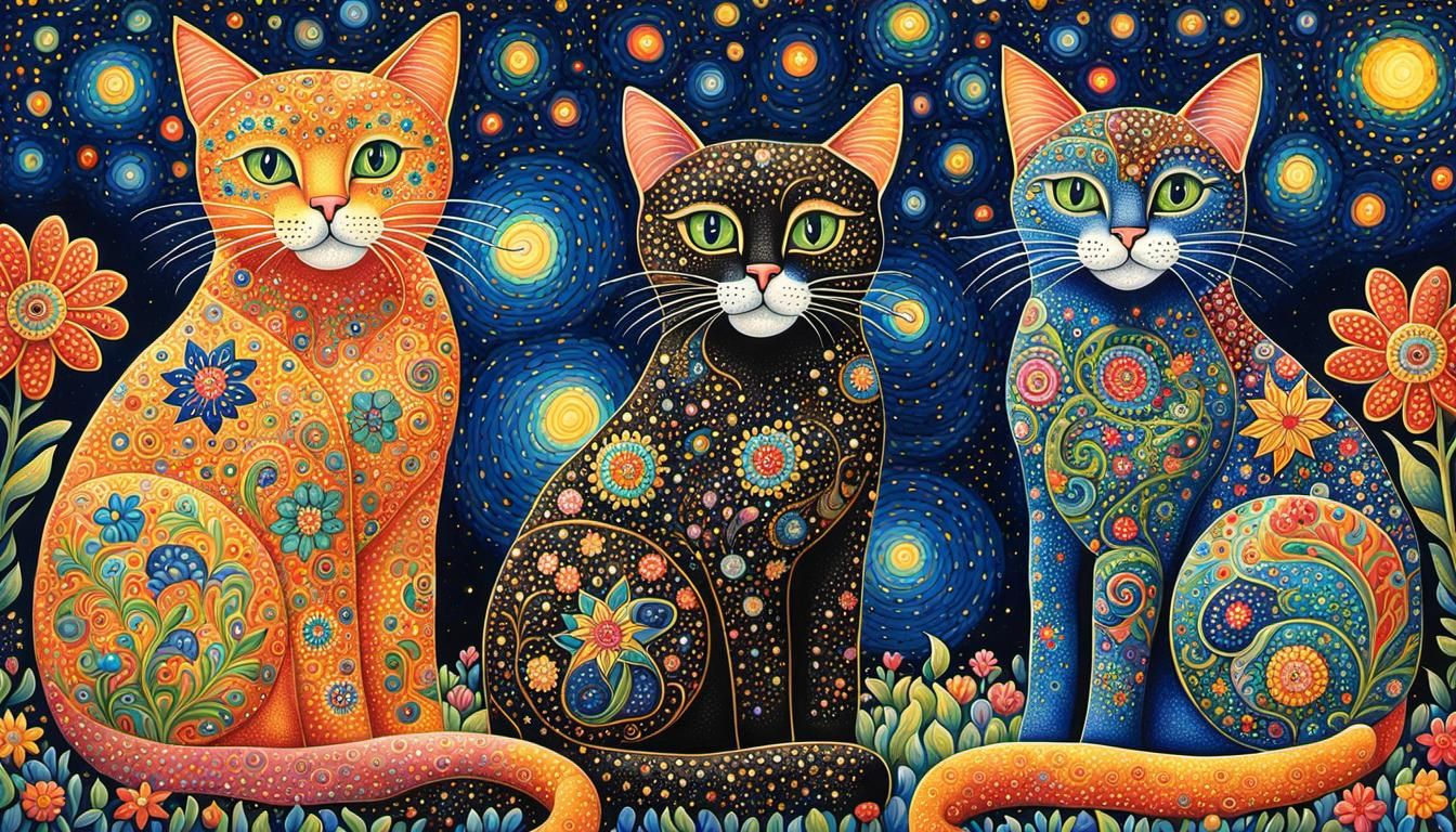 Floral Arabesque Cats in Naive Art Style