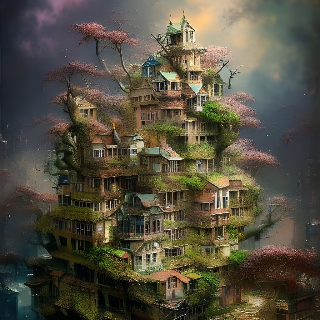 Clockpunk Glass Bonsai Village Digital Painting