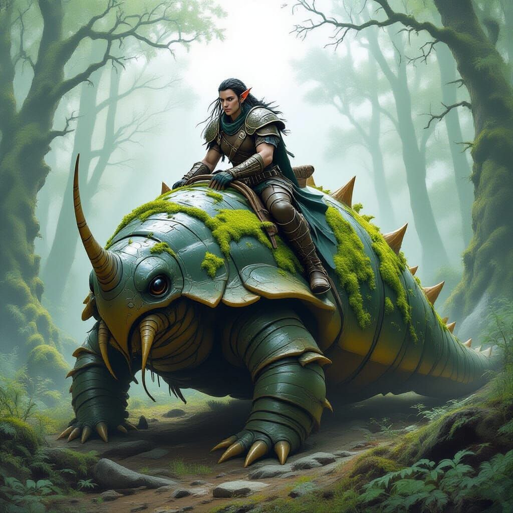 Dark Elf Rides Tardigrade in Mystical Forest